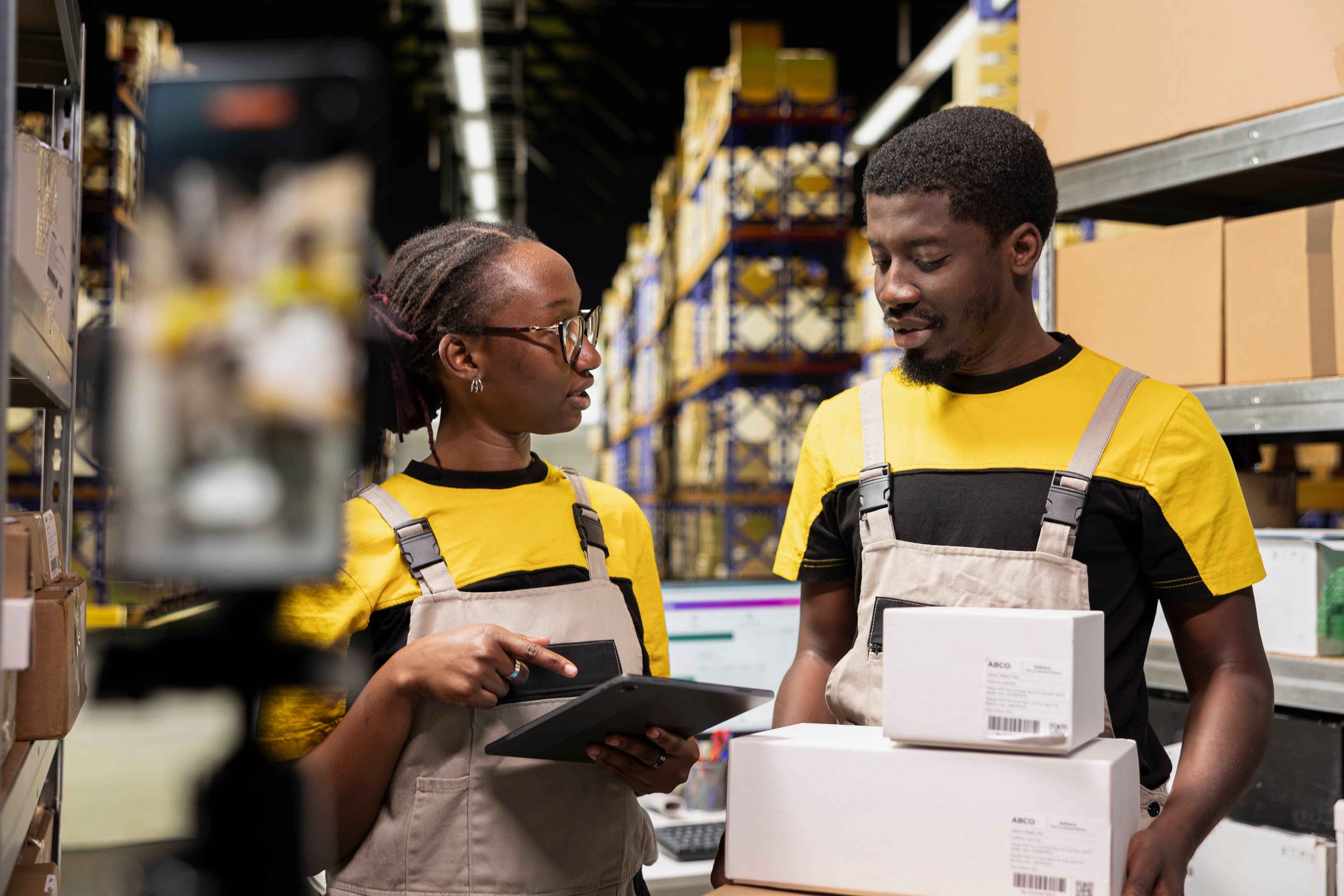Retail team checking stock with a tablet